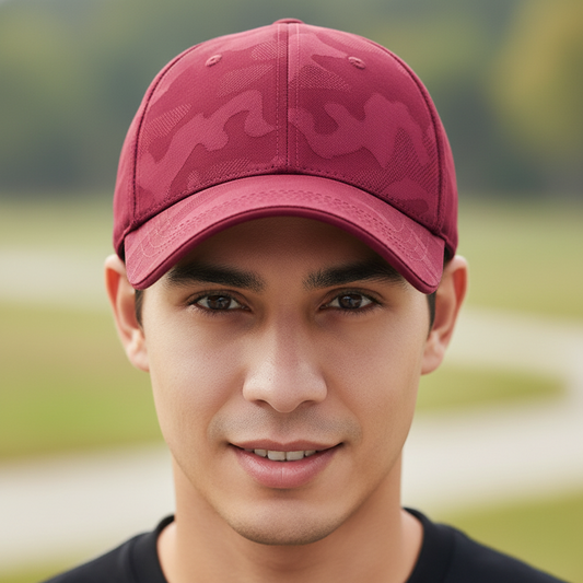 Maroon camouflage baseball cap on a white background