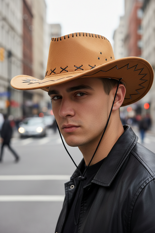 Brown cowboy hat with decorative stitching on a white surface