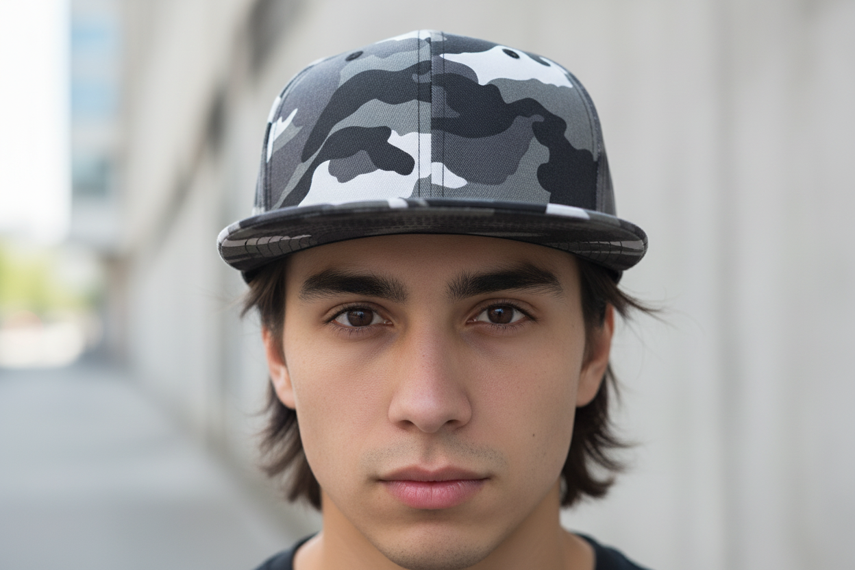 A black and white camouflage patterned baseball cap with a flat brim and an adjustable strap.