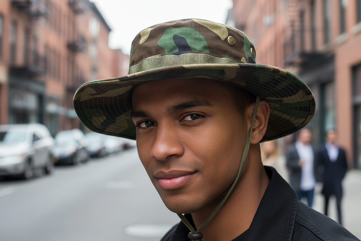 Camouflage-patterned hat with a wide brim on a white background