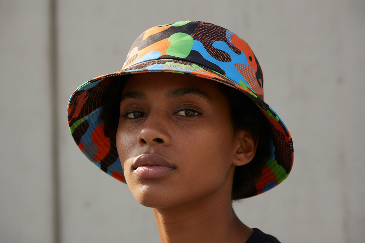 Colorful bucket hat with a camouflage pattern on a light gray background