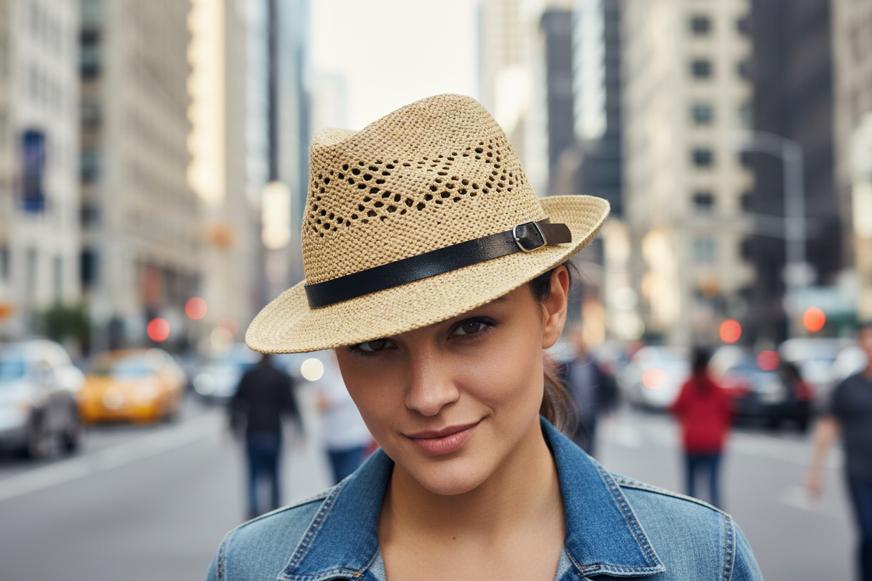 A beige straw jazz hat with a short brim and a dark band around the base.