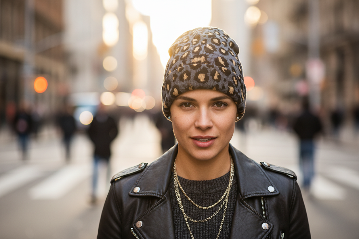 Two knit hats with leopard print design, one in black and white, and the other in pink and black, displayed on a grid background.