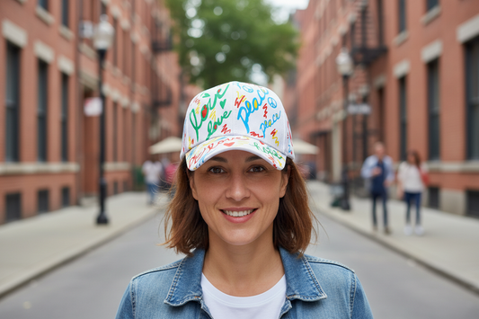 White cap with colorful 'peace', 'love', and 'hope' text on a white background