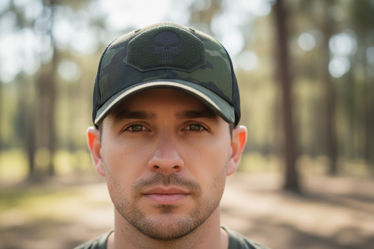 Camouflage baseball cap with mesh back on a white background