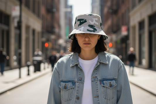 White bucket hat with green and black patterns on a white background