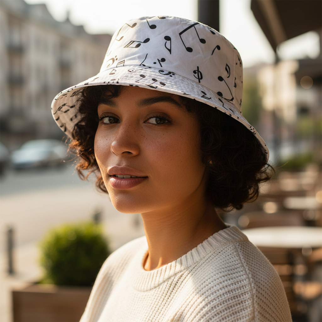 A white fisherman hat with black musical notes printed all around.