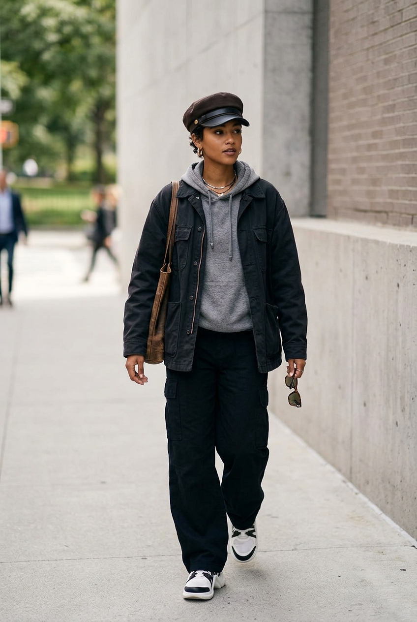 Aubrey Flat Top Sailor Cap, Cotton & Faux Leather