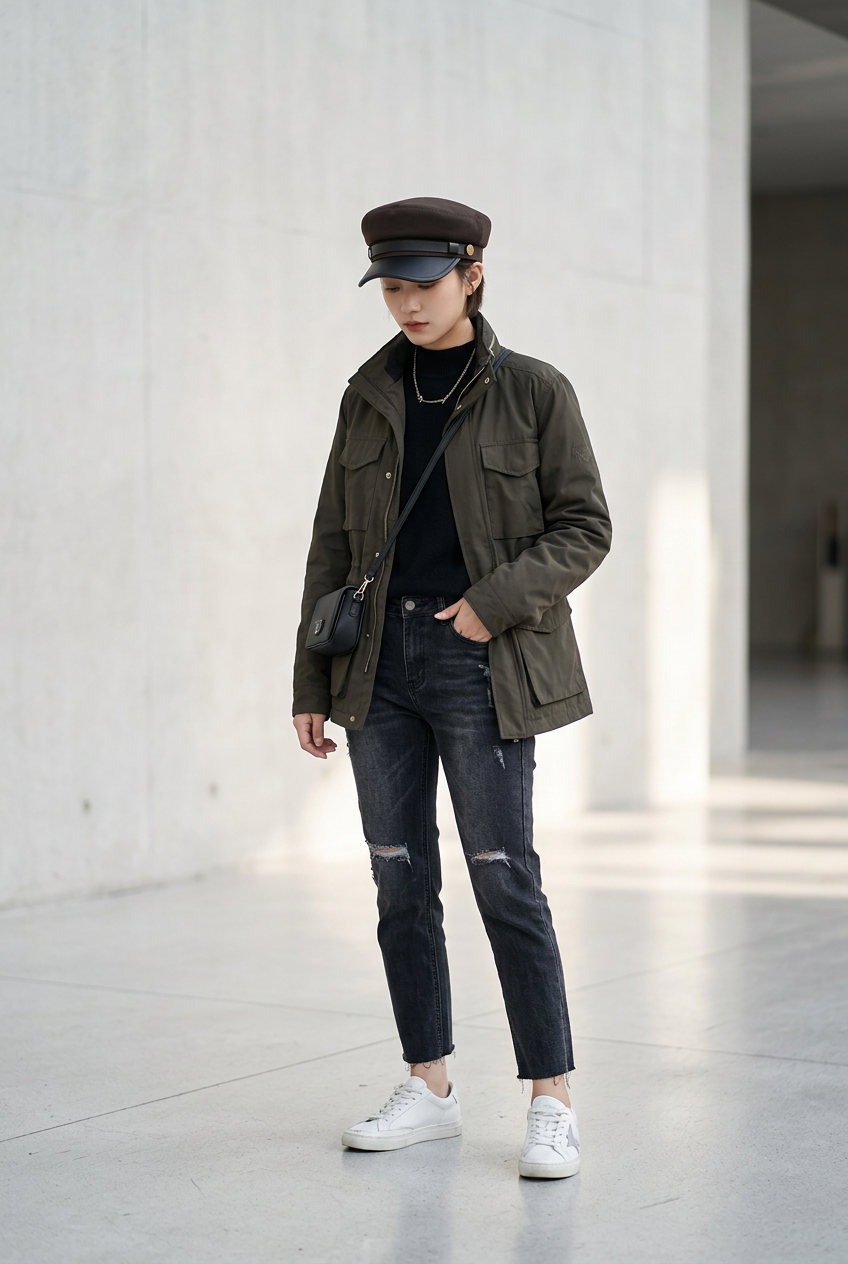 Aubrey Flat Top Sailor Cap, Cotton & Faux Leather