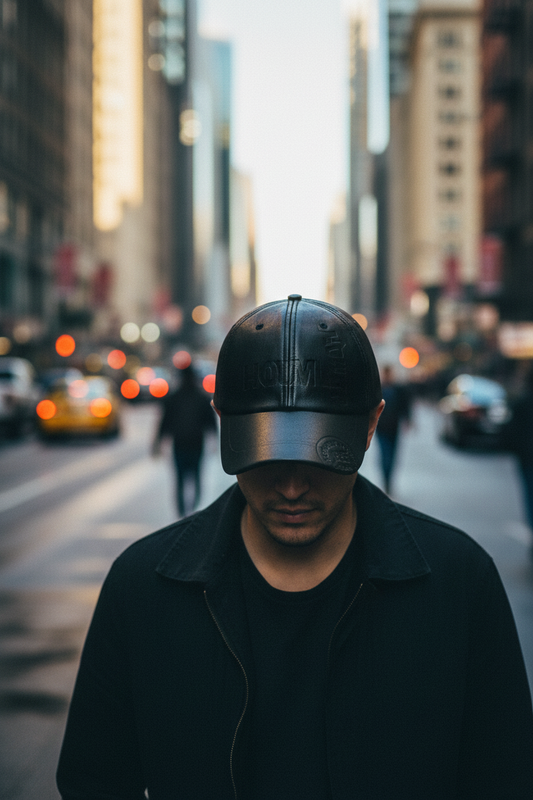 Man wearing a black leather cap and dark clothing on a city street with blurred background