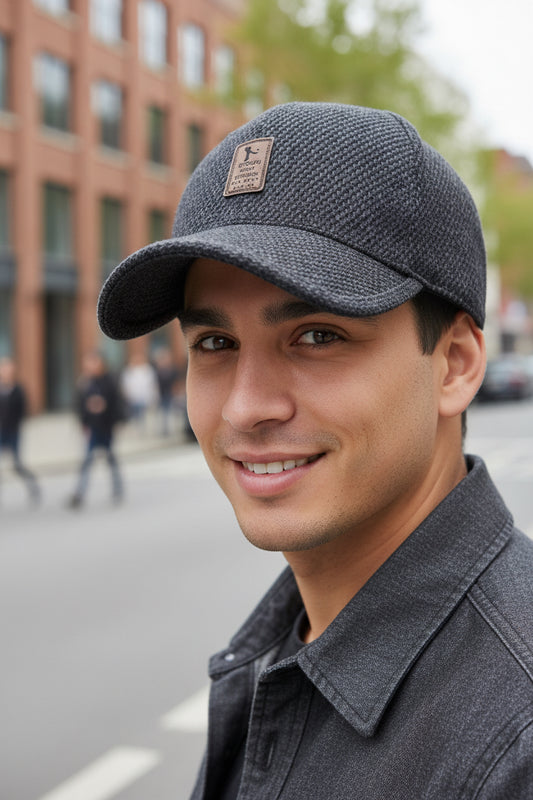 A gray wool cashmere baseball cap with a flat brim and a brand label on the front.