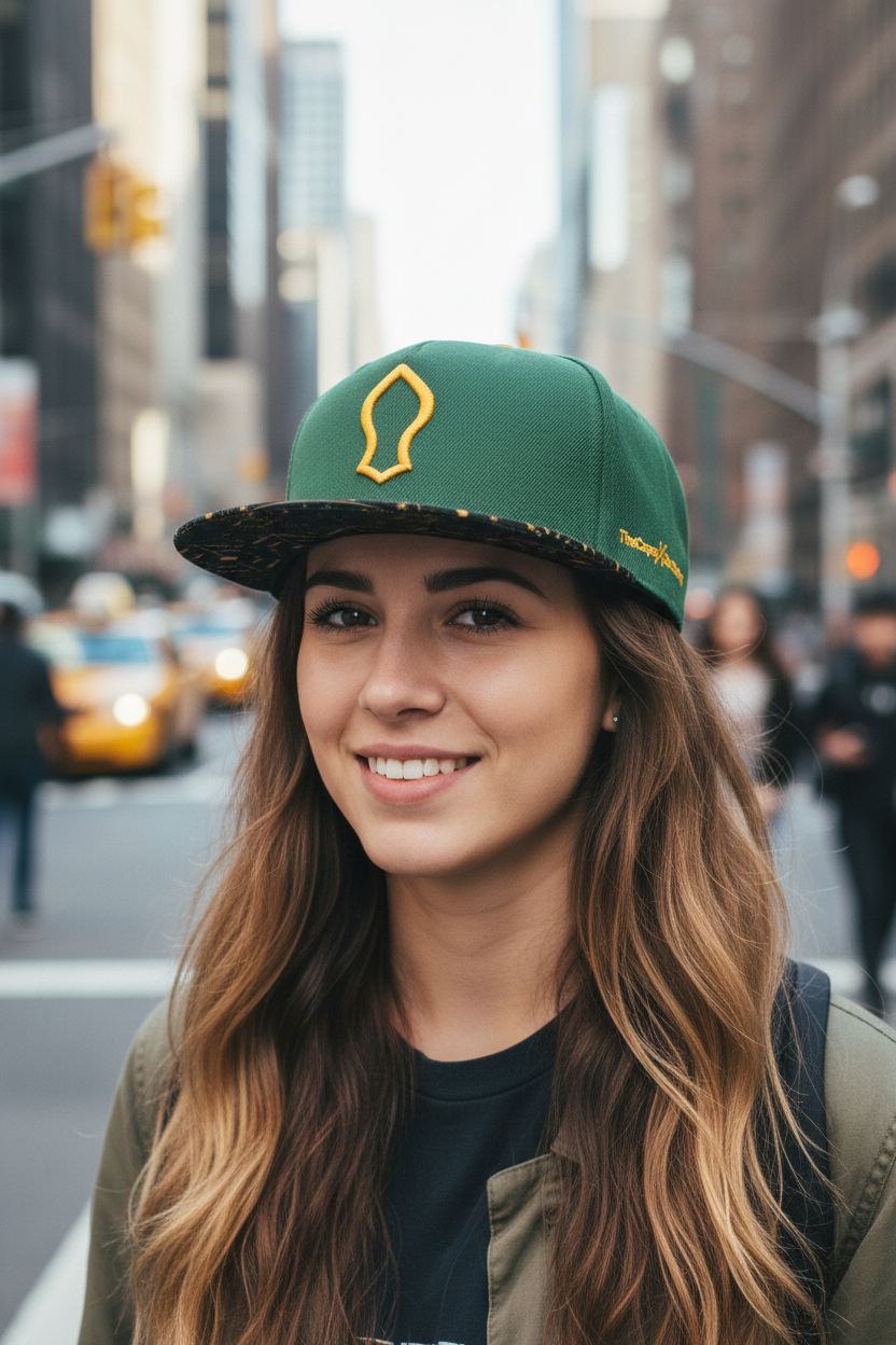 Green cap with yellow logo and text on a white background