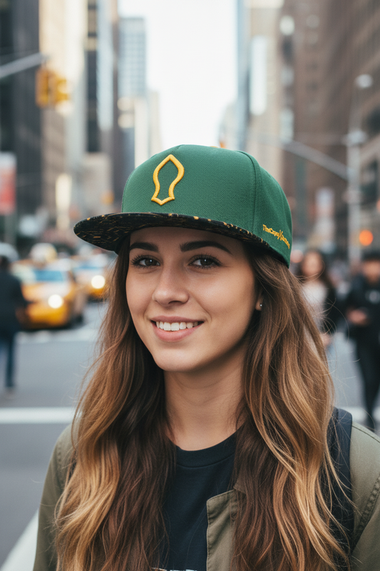 Green cap with yellow logo and text on a white background