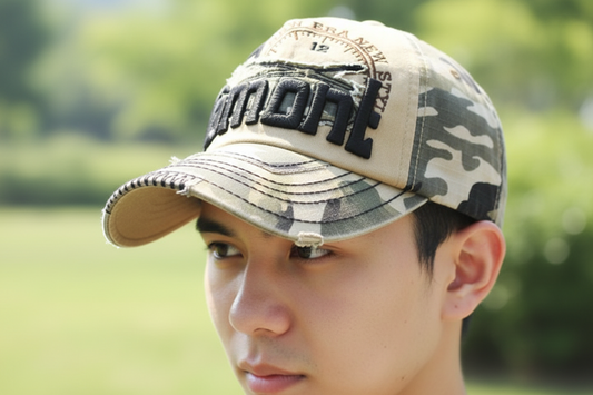 A camouflage patterned baseball cap with embroidery on it, displayed in an upright position.