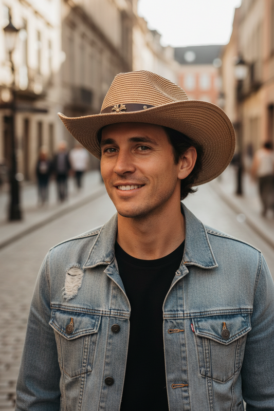 A straw cowboy hat with a flat brim, featuring a brown color and a decorative rivet-patterned band with a metal cow head buckle.
