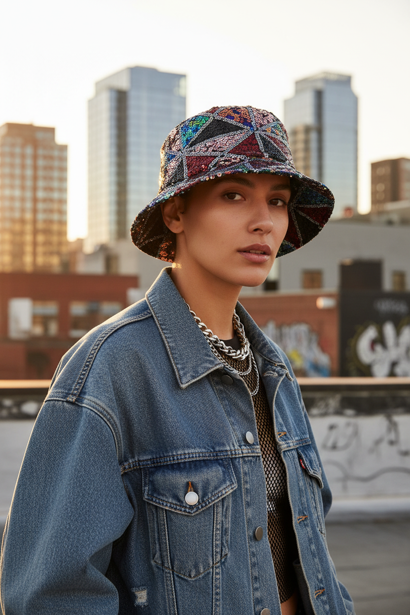 Curtis Sequined Bucket Hat – Tall Crown, Summer Sunshade