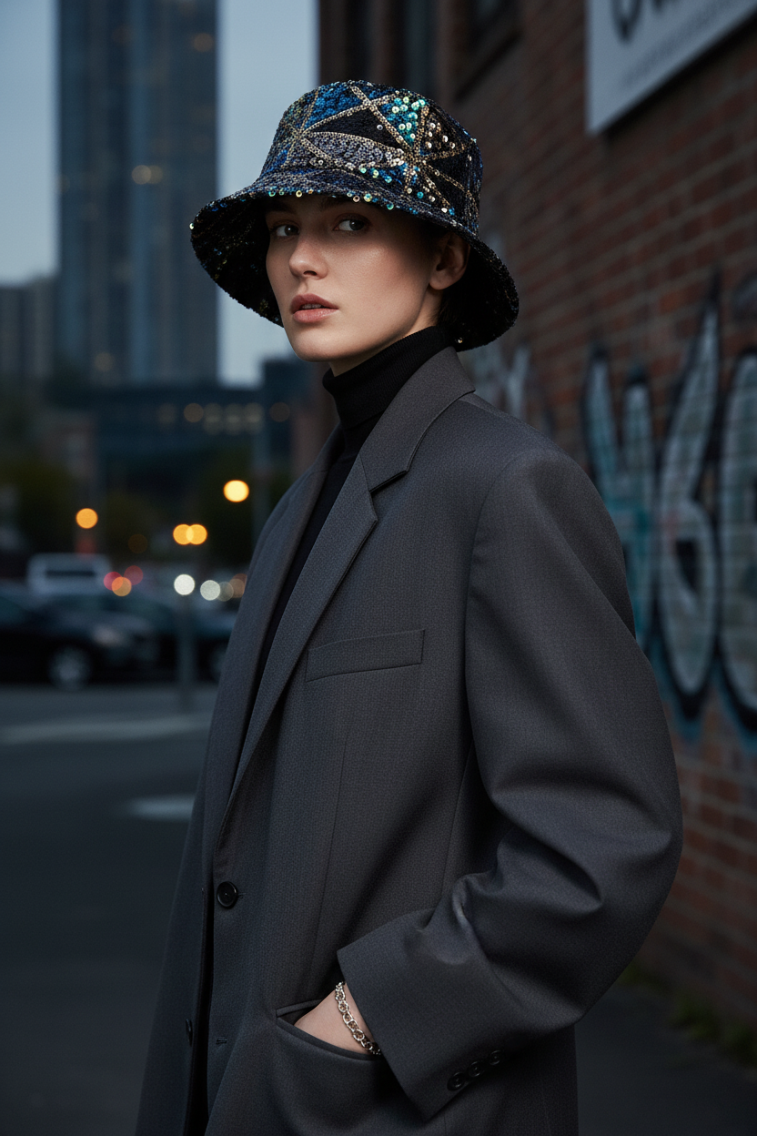 Curtis Sequined Bucket Hat – Tall Crown, Summer Sunshade