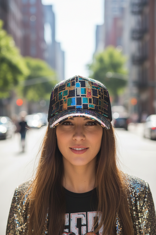 Black cap with colorful sequin pattern on a white background