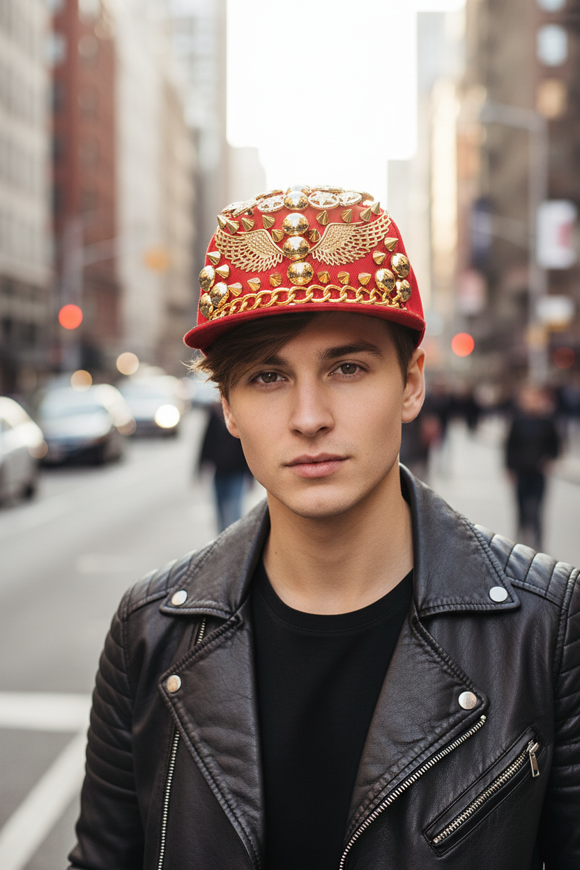 Red cap with gold embellishments on a white surface