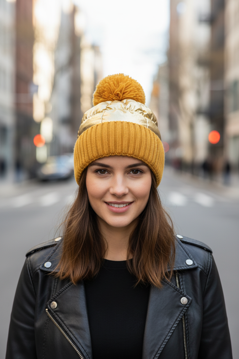 A black knitted wool hat with a pom-pom on top.