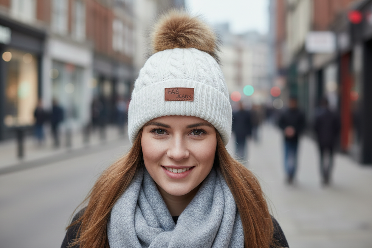 White knit beanie with a brown faux fur pom-pom on a white background