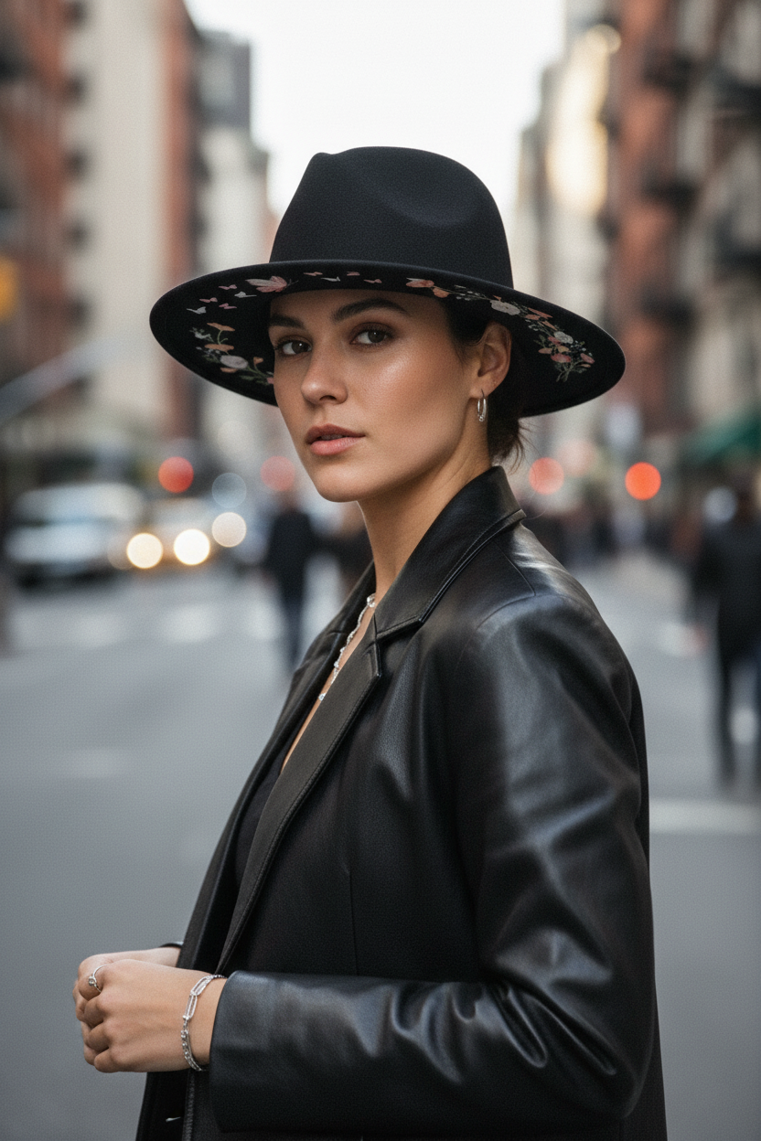 Black hat with floral embroidery on a wooden stand against a white curtain background