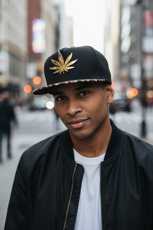 A black cotton hip hop flat cap with a gold-colored cannabis leaf emblem on the front and a leopard print brim.