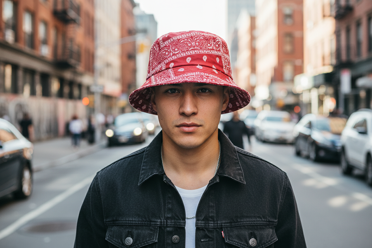 Three bucket hats in patterned colorways: black and white, blue and white, and red and white.
