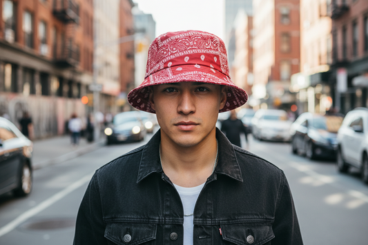Three bucket hats in patterned colorways: black and white, blue and white, and red and white.