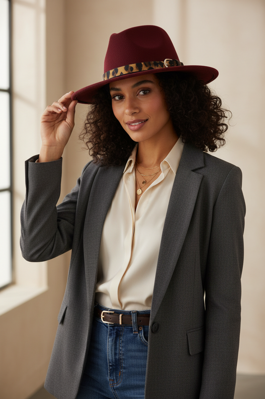 Calloway Felt Fedora Hat with Animal Print Band & Metal Buckle