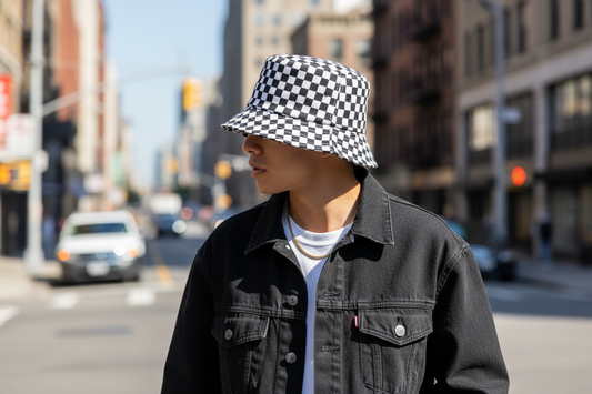 Black and white checkered bucket hat on a white background