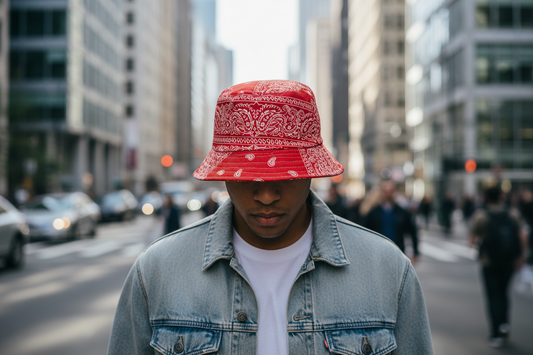 A fisherman hat with a black and red paisley pattern on the brim and a flat top.