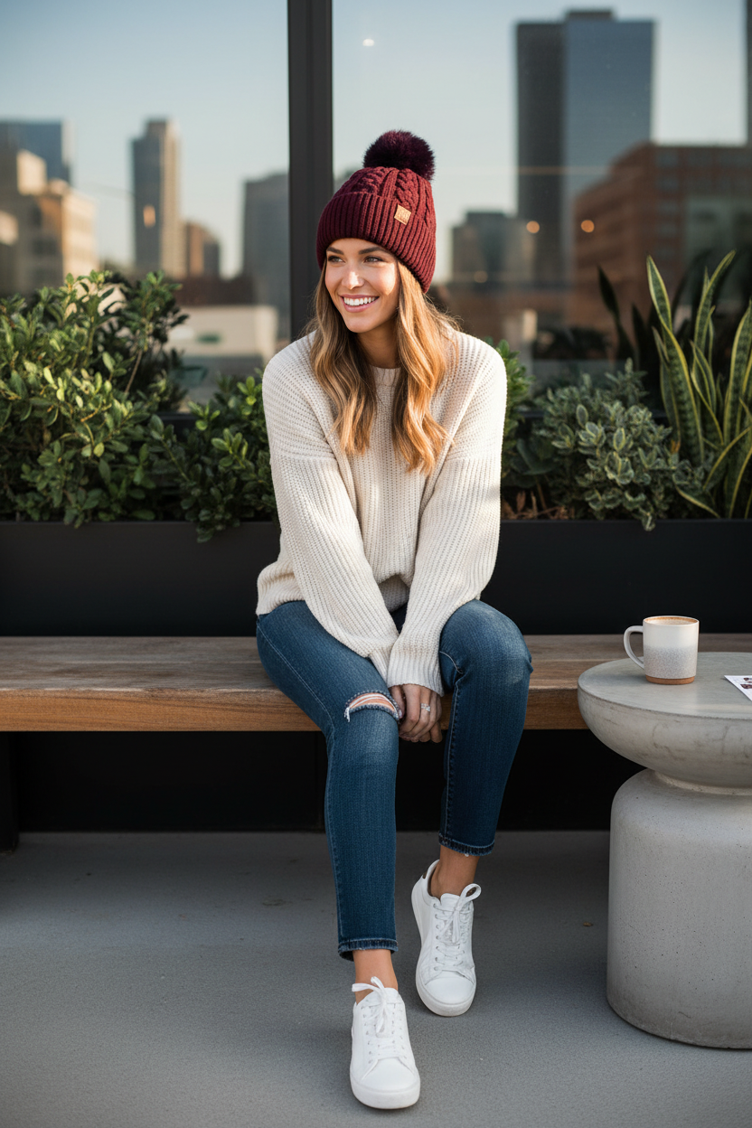 Foyer Twisted Knit Pom-Pom Beanie | Warm Viscose Winter Hat