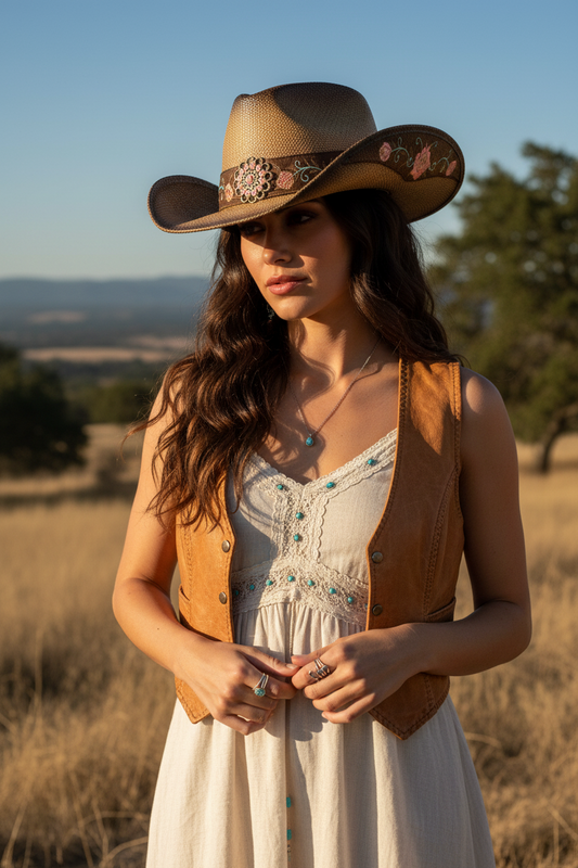 Crawford Khaki Straw Cowboy Hat – Wide Curled Brim, Conical Crown, Unisex