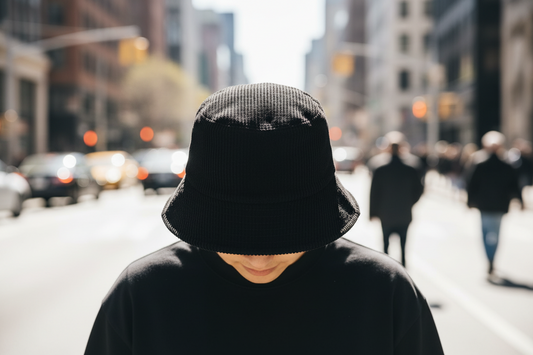 Black bucket hat on a light gray background