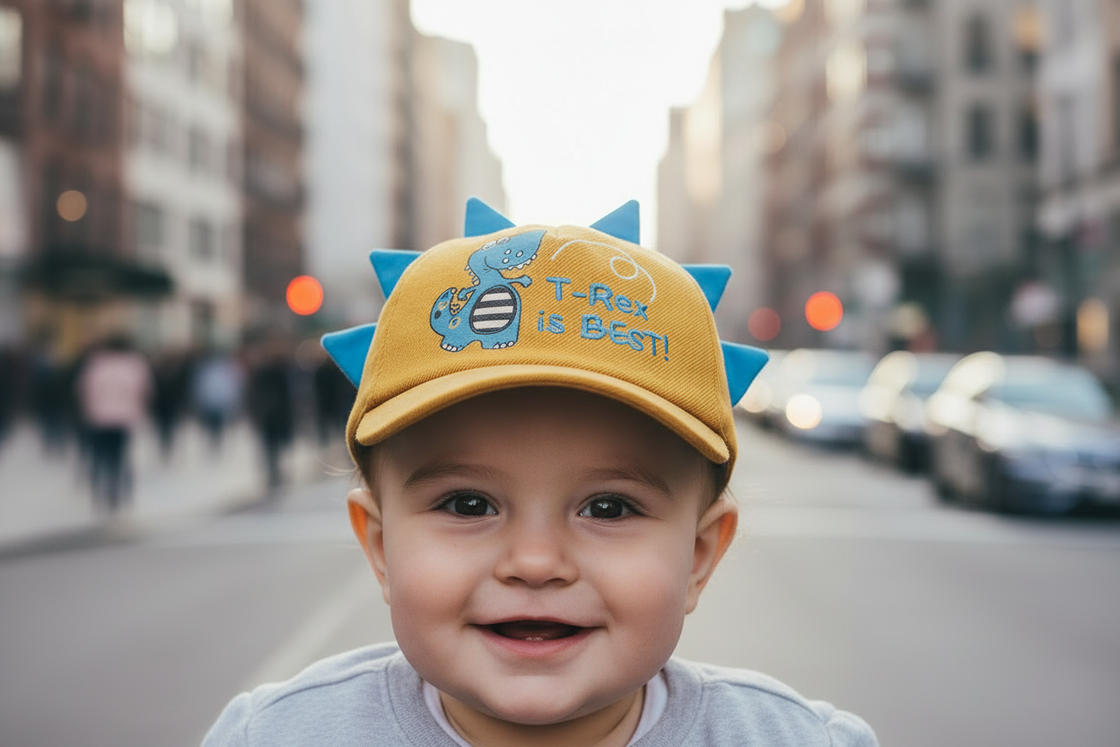 Two children's baseball caps with a 'T-REX IS BEST' theme, one in gray and one in yellow, each featuring a stylized dinosaur design.