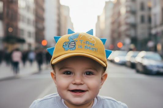 Two children's baseball caps with a 'T-REX IS BEST' theme, one in gray and one in yellow, each featuring a stylized dinosaur design.
