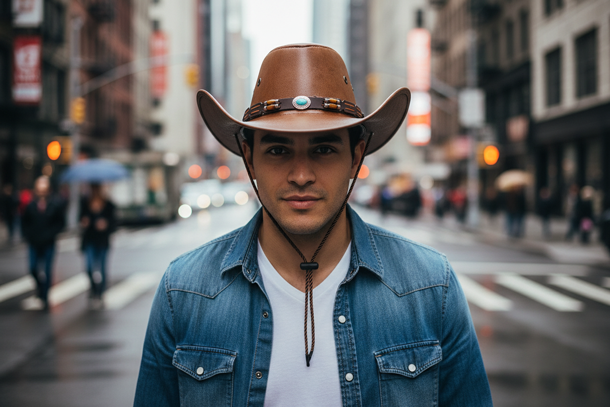 Brown leather cowboy hat with decorative band on a white background