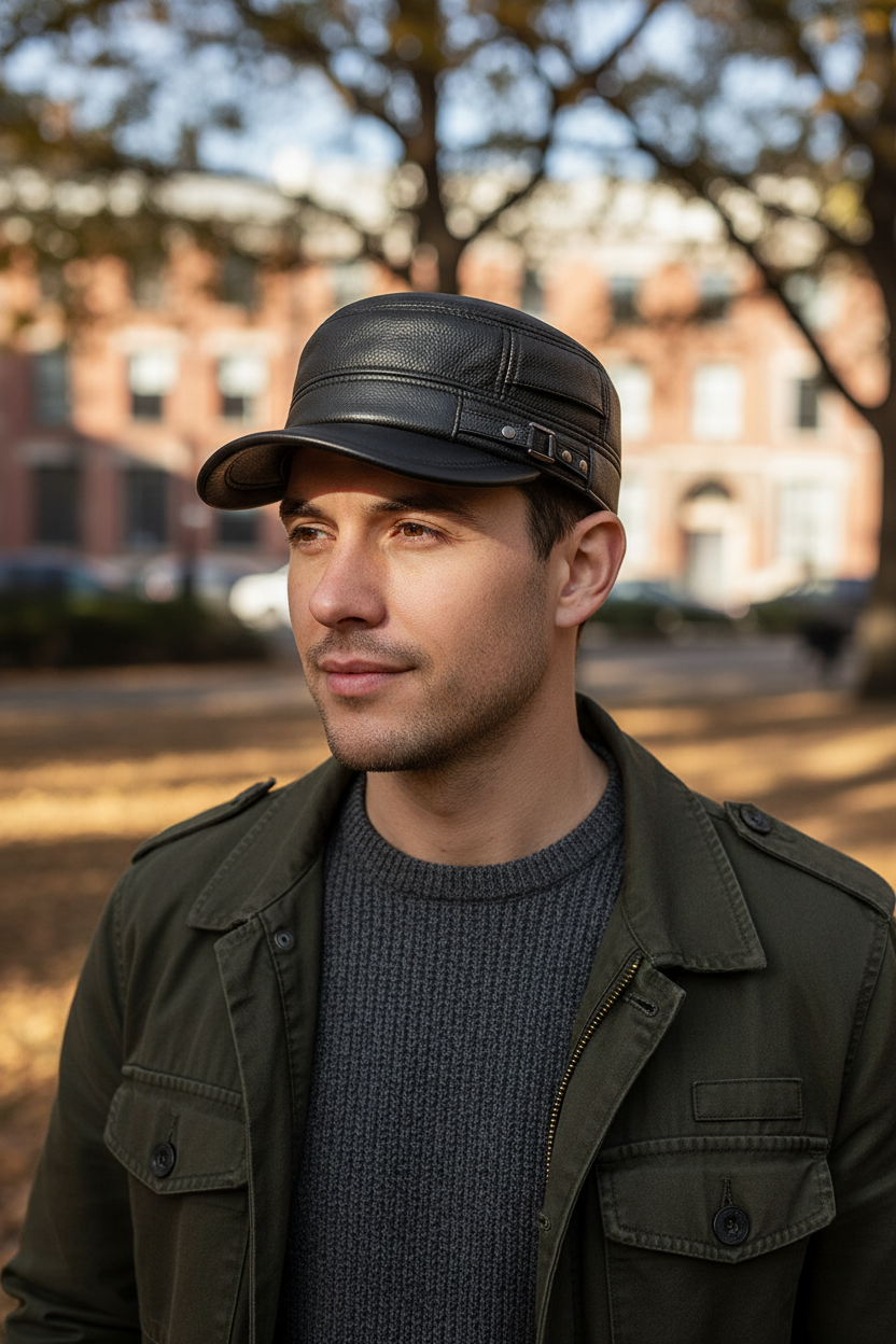 Black leather cap with a buckle on a white background