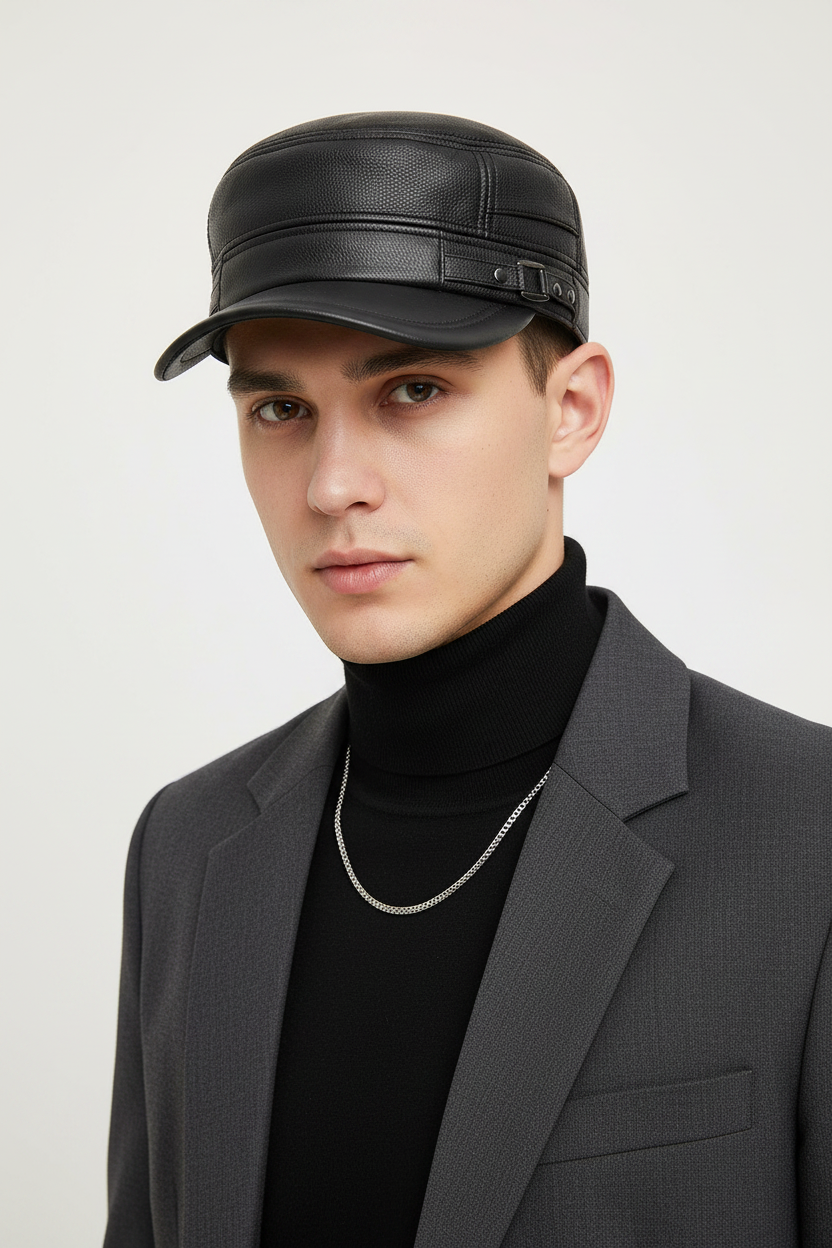 Vermont Leather Flat Cap with Wide Brim
