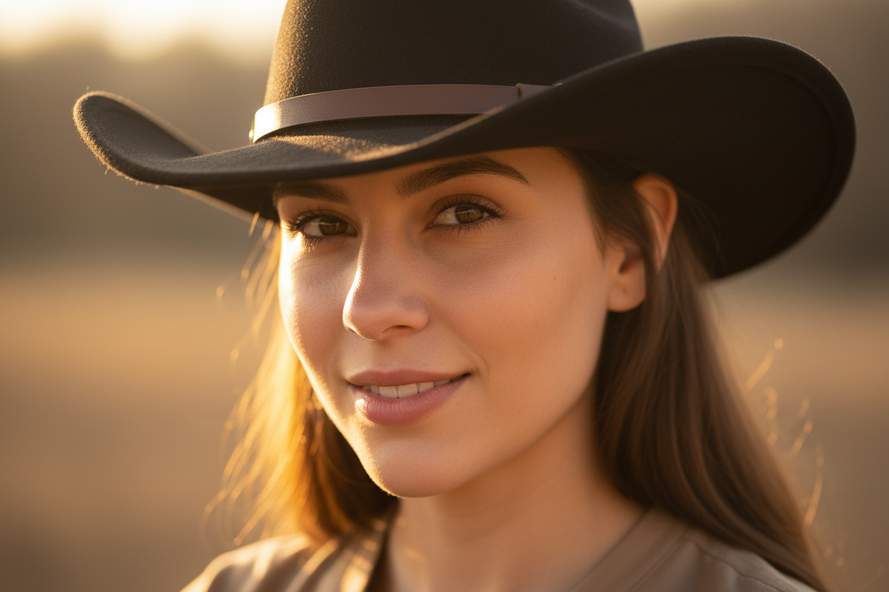 Black cowboy hat with a brown band on a white background