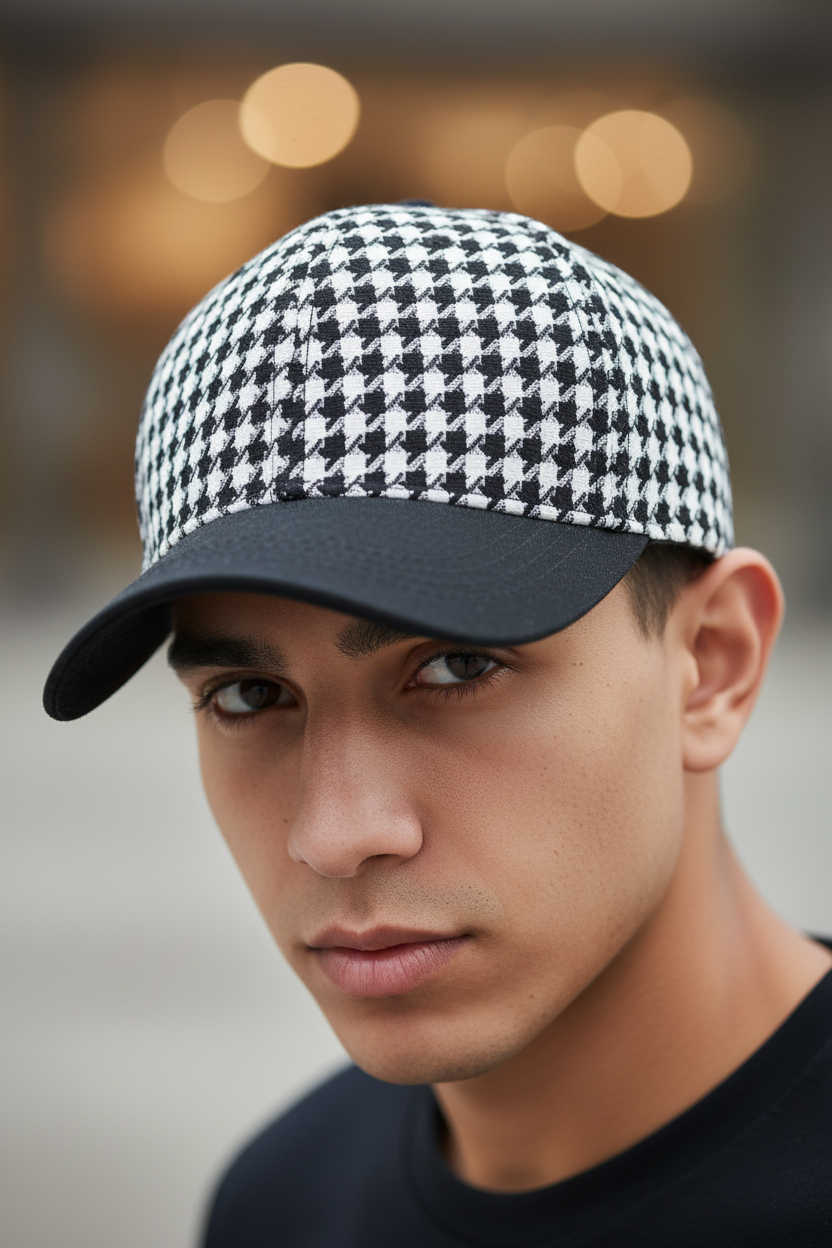 A selection of baseball caps in various colors with a houndstooth pattern on the crown and a solid color brim.