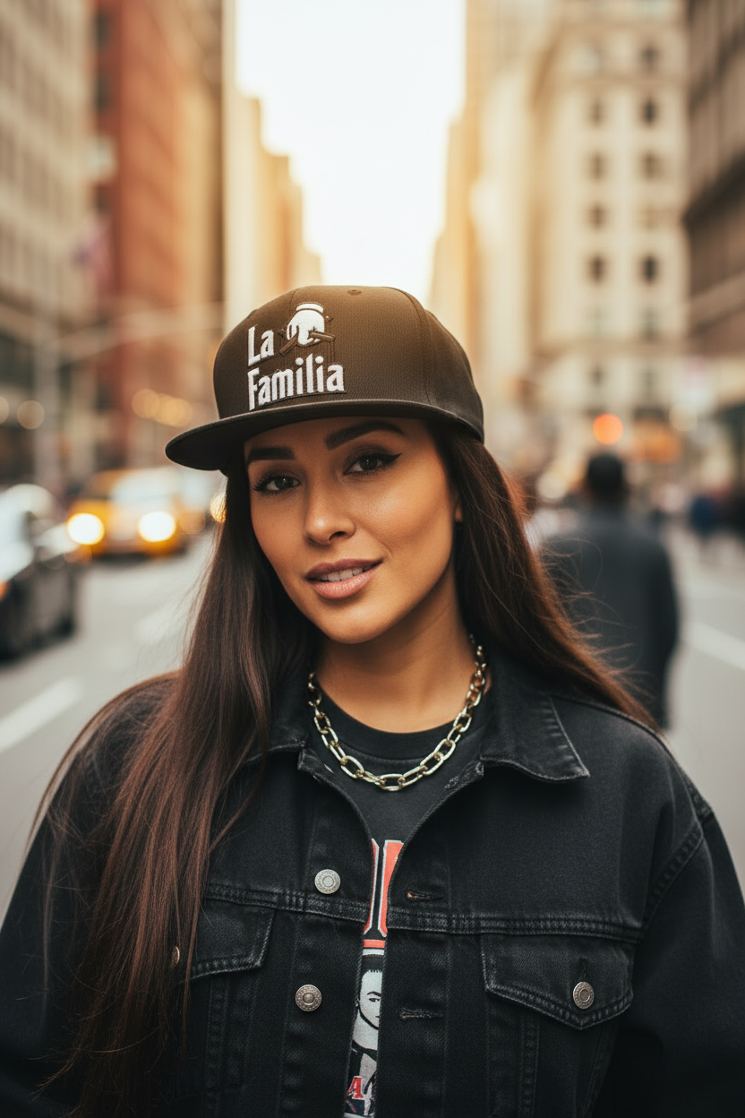 Black cap with 'La Familia' text and logo on a white background