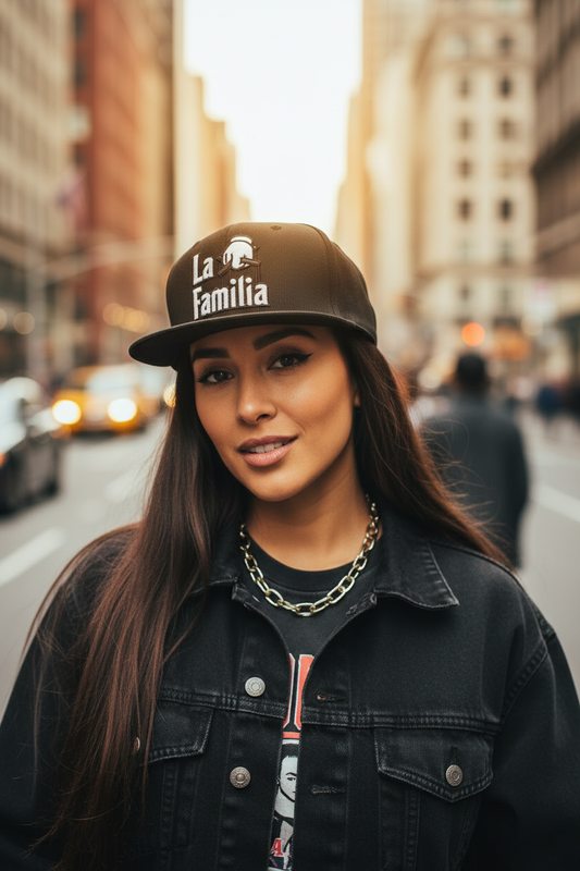 Black cap with 'La Familia' text and logo on a white background