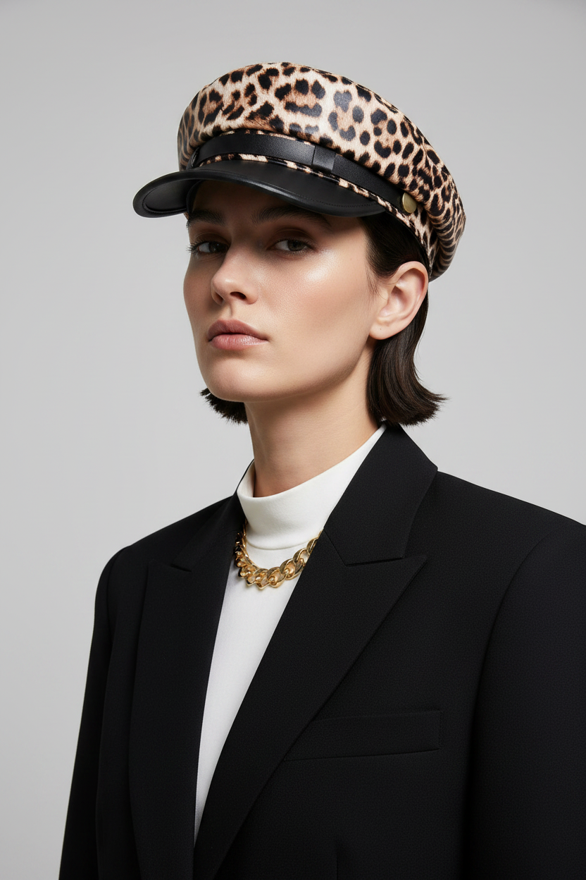 Finn Leopard Print Faux Leather Beret Hat