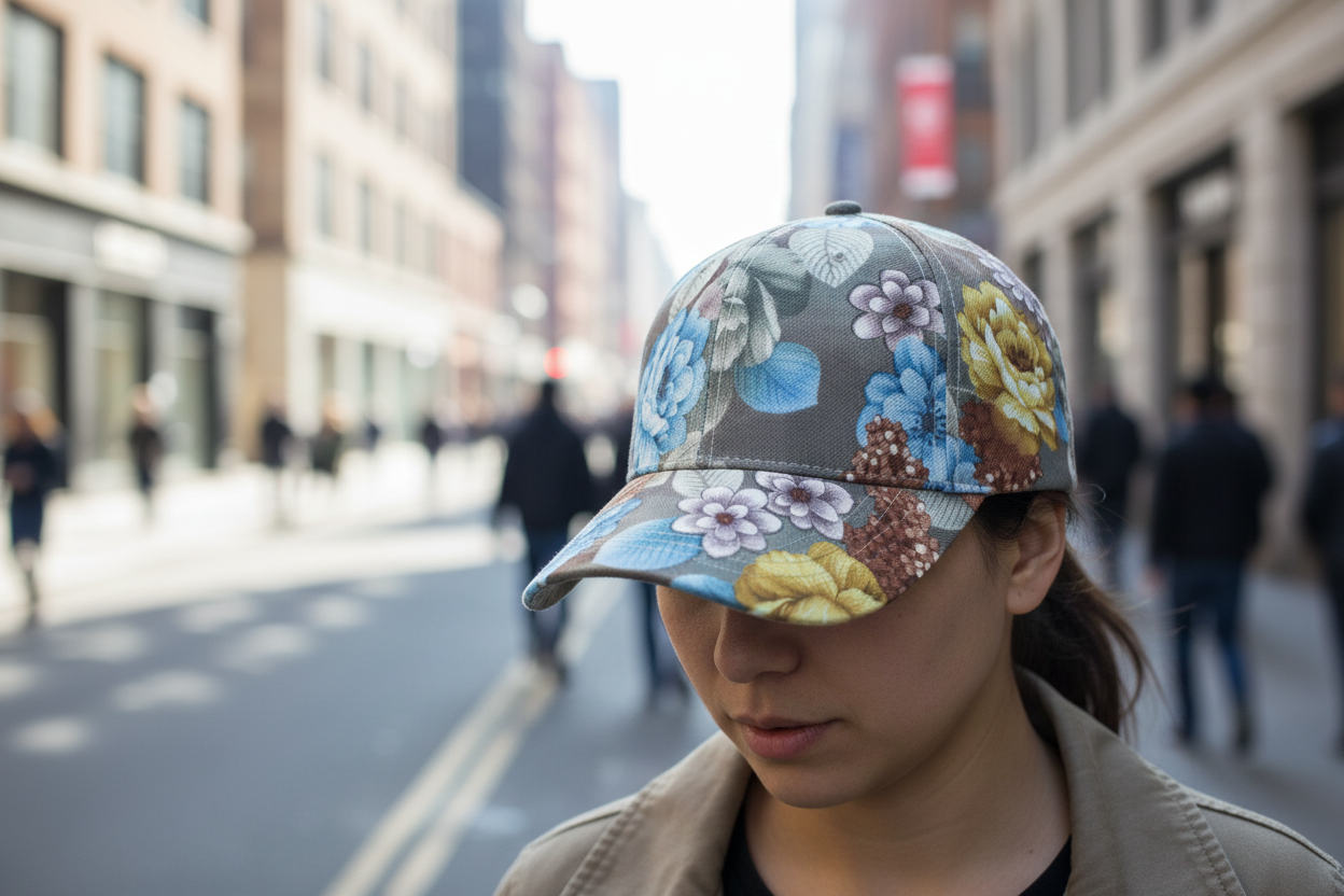 A floral-patterned baseball cap in beige, blue, and yellow colors with an adjustable velcro strap.