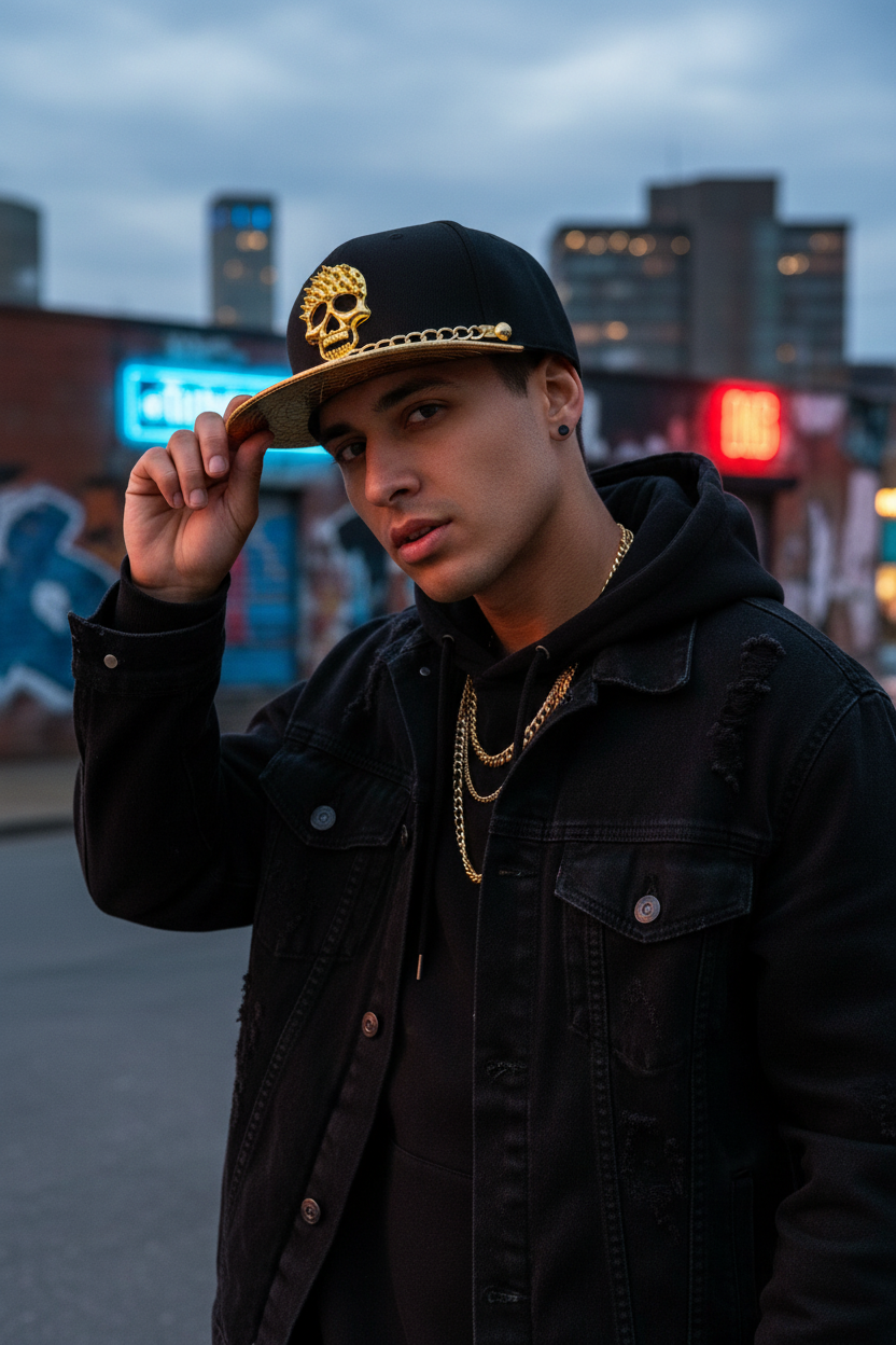 Skull Chain Punk Snapback Hat, Adjustable 56-60cm