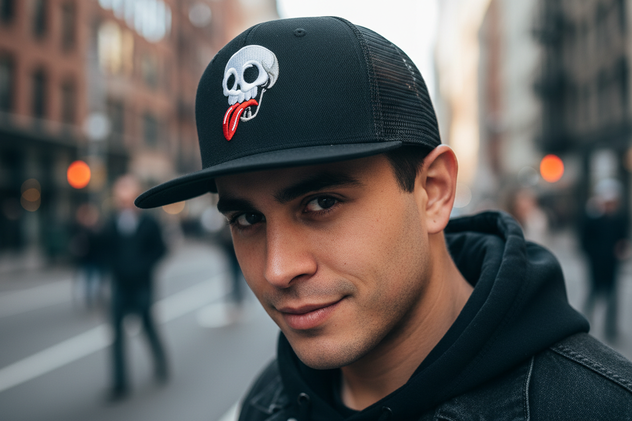 A black polyester hip hop hat with a embroidered skull pattern on the front.