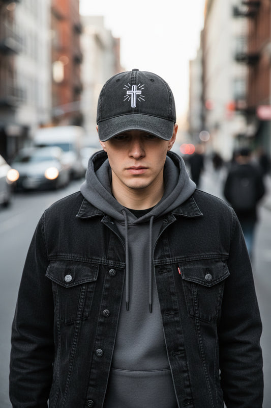 Worn-looking washed-out black baseball cap with a white embroidered cross on the front.