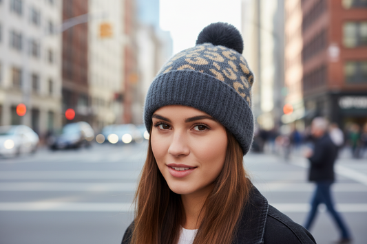 A collection of knitted hats in various colors with a leopard print pattern.